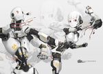  1girl action android battle black_sclera cable damaged dent duel kicking original parts_exposed pistons red_eyes robot robot_joints science_fiction short_hair simple_background tafuu_(tortafu) white_hair white_skin 