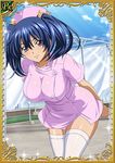  00s 1girl bashoku_youjou blue_hair breasts card_(viewer) cleavage curvy female hair_ornament ikkitousen large_breasts looking_at_viewer nurse purple_eyes shiny_skin short_twintails solo twintails 