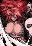  &gt;:( amputee attack baiken big_hair breasts cape cleavage eyebrows facial_mark forehead_mark frown guilty_gear guilty_gear_xrd high_ponytail highres holding holding_sword holding_weapon ichigai_(hayawossan) japanese_clothes katana kimono large_breasts long_hair looking_at_viewer midriff obi one-eyed open_clothes open_kimono parted_lips pink_eyes pink_hair popped_collar sash scar scar_across_eye sketch skull solo sparkle spiked_hair sword teeth tsurime upper_body v-shaped_eyebrows weapon 