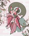  1girl antennae black_eyes folding_fan full_body grey_background highres insect_girl leaves looking_down looking_to_the_side lurantis no_humans oriental_umbrella panako47 pink_sclera pokemon pokemon_(creature) pokemon_sm simple_background solo standing 