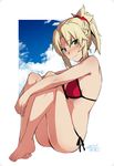  artist_name bangs bikini bikini_bottom bikini_top blonde_hair blue_sky blush braid cloud commentary_request dated day fate/grand_order fate_(series) french_braid green_eyes hair_ornament hair_scrunchie ikeshita_moyuko knees_up legs_together long_hair looking_at_viewer mordred_(fate)_(all) mordred_(swimsuit_rider)_(fate) parted_bangs red_bikini red_scrunchie scrunchie short_ponytail sidelocks signature sitting sky smile solo swimsuit white_background 