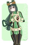  1girl :) asui_tsuyu black_eyes black_hair blush bodysuit boku_no_hero_academia character_name frog_girl gloves goggles green_background heart heart_sign highres long_hair looking_at_viewer rin. tied_hair white_background 