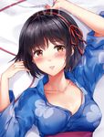  1girl arm_up bangs bed_sheet black_hair blue_kimono breasts brown_eyes collarbone covered_nipples crying crying_with_eyes_open eyebrows_visible_through_hair floral_print hair_ribbon hairband hand_up head_tilt japanese_clothes kimi_no_na_wa kimono lips medium_breasts miyamizu_mitsuha parted_lips red_hairband red_ribbon ribbon sample sash sheet_grab short_hair solo tears upper_body 