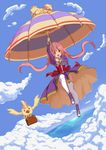  animal bird ccarrot cloud commentary_request day flying highres long_hair nest ocean original pink_hair sky solo twintails umbrella umbrella_riding yellow_eyes 