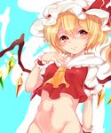  ascot bangs blonde_hair bottomless bow cowboy_shot eyebrows_visible_through_hair flandre_scarlet groin hair_between_eyes hat hat_bow looking_at_viewer mob_cap navel out-of-frame_censoring paragasu_(parags112) red_bow red_eyes short_sleeves side_ponytail solo touhou white_hat 