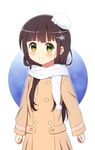  bangs blunt_bangs blush breasts brown_hair closed_mouth coat commentary_request cowboy_shot deyui eyebrows_visible_through_hair gochuumon_wa_usagi_desu_ka? green_eyes hair_ornament hairpin hat long_hair long_sleeves looking_at_viewer mini_hat pom_pom_(clothes) scarf small_breasts smile snowflake_hair_ornament solo standing trench_coat two-tone_background ujimatsu_chiya white_hat white_scarf 
