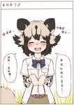  african_wild_dog_(kemono_friends) animal_ears bag blush commentary_request dog_ears fangs food japari_bun japari_symbol kemono_friends long_sleeves miji_doujing_daile shirt short_hair short_sleeves smile tail translation_request 