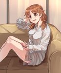  blush bottomless breasts brown_eyes brown_hair cellphone collarbone eyebrows_visible_through_hair feet_out_of_frame highres holding holding_cellphone holding_phone idolmaster idolmaster_cinderella_girls kamille_(vcx68) katagiri_sanae large_breasts looking_at_viewer open_mouth phone short_hair smile solo 