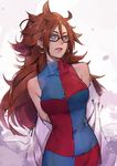  android_21 bare_shoulders black-framed_eyewear blue_eyes breasts brown_hair curly_hair dragon_ball dragon_ball_fighterz dress earrings glasses hoop_earrings ian_olympia jewelry labcoat long_hair looking_at_viewer medium_breasts red_hair solo 