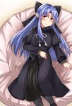  black_capelet black_dress black_legwear black_ribbon blue_hair blush capelet commentary_request dress eyebrows_visible_through_hair feet_out_of_frame from_above fur_trim hair_ribbon highres len long_dress long_hair long_sleeves looking_at_viewer lying melty_blood on_back pantyhose parted_lips pom_pom_(clothes) red_eyes ribbon sabujiroko solo tsukihime 