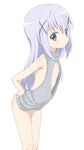  backless_outfit bangs bare_arms blue_eyes blush_stickers cleavage_cutout closed_mouth commentary_request cowboy_shot dress eyebrows_visible_through_hair flat_chest gochuumon_wa_usagi_desu_ka? grey_sweater hair_between_eyes hair_ornament hairclip highres kafuu_chino leaning_forward light_blue_hair long_hair looking_at_viewer meme_attire naked_sweater ribbed_sweater sidelocks simple_background sleeveless sleeveless_turtleneck solo sweater sweater_dress trg-_(sain) turtleneck turtleneck_sweater virgin_killer_sweater white_background x_hair_ornament 