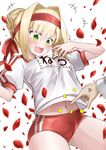  anger_vein blonde_hair blush buruma eyebrows_visible_through_hair fate/grand_order fate_(series) green_eyes gym_uniform headband highres laughing midriff navel nero_claudius_(fate) nero_claudius_(fate)_(all) olympian_bloomers open_mouth petals poking red_buruma red_headband short_hair short_sleeves simple_background solo_focus tears tickling ugatsu_matsuki white_background 