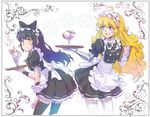  2girls ahoge apron black_hair blake_belladonna blonde_hair blush breasts clipboard dress food frills hair_bow happy ice_cream iesupa leaning_forward long_hair looking_at_viewer maid maid_apron maid_headdress maid_uniform mechanical_arm multiple_girls open_mouth pocket pockets prosthesis purple_eyes ribbon rwby skirt smile thighhighs tongue tray very_long_hair waist_apron wrist_cuffs yellow_eyes 