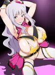  armpits arms_up bangs black_gloves blunt_bangs blush breasts covered_nipples gloves hat huge_breasts idolmaster idolmaster_(classic) idolmaster_stella_stage jabara_tornado long_hair looking_at_viewer mini_hat open_mouth overskirt pasties pole pole_dancing purple_eyes shadow shijou_takane silver_hair smile solo star_pasties sweat thighhighs top!_clover white_legwear 
