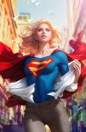  bird blonde_hair blue_eyes blurry cape city collarbone dc_comics depth_of_field emblem emphasis_lines highres looking_at_viewer medium_hair parted_lips realistic red_cape solo stanley_lau super_suit_under_clothes supergirl superhero superman_(series) 