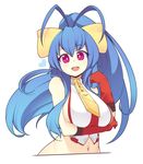  antenna_hair backless_outfit bare_shoulders blazblue blazblue:_central_fiction blazblue_variable_heart blue_hair blush bow breast_hold breast_lift breasts fizintine genderswap genderswap_(mtf) gloves hair_between_eyes hair_bow halter_top halterneck hand_up heart highres large_breasts long_hair looking_at_viewer mai_natsume midriff navel no_bra open_mouth ponytail purple_eyes red_gloves revealing_clothes ribbon sidelocks smile solo stomach upper_body very_long_hair yellow_bow 