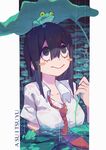  :&gt; absurdres asui_tsuyu blush_stickers boku_no_hero_academia breasts character_name frog frog_girl highres lily_pad looking_up medium_breasts nature necktie on_head partially_submerged pond rain red_neckwear school_uniform simple_background solo text_focus translation_request untied upper_body water wet wet_clothes white_background zaitou_(jiangyc) 