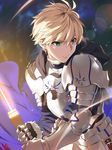  armor arthur_pendragon_(fate) blonde_hair breastplate excalibur_(fate/prototype) fate/grand_order fate/prototype fate/prototype:_fragments_of_blue_and_silver fate_(series) faulds gauntlets greaves green_eyes highres hood male_focus pauldrons solo sword weapon yang-do 