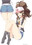  ass black_jacket black_legwear blue_shorts brown_hair eyebrows_visible_through_hair face full_body gen_5_pokemon green_eyes hat highres jacket long_hair multiple_views open_mouth pokemon pokemon_(creature) pokemon_(game) pokemon_bw ponytail shirt shoes shorts simple_background smile smiley_face tepig thighs tinpam touko_(pokemon) white_hat white_shirt 