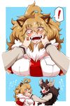  2girls 2koma :d ahoge animal_ears antlers blonde_hair breast_pocket brown_eyes brown_hair comic commentary_request elbow_gloves extra_ears eye_contact eyebrows_visible_through_hair finger_in_another's_mouth fur_collar gloves hair_between_eyes hands_up highres kemono_friends lion_(kemono_friends) lion_ears long_hair looking_at_another millipen_(medium) moose_(kemono_friends) moose_ears multiple_girls necktie open_mouth orange_hair pocket red_neckwear scarf sharp_teeth shirt short_sleeves slit_pupils smile spoken_exclamation_mark standing sweater teeth traditional_media translation_request upper_body v-shaped_eyebrows warawaranka 
