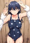  10s 1boy 1girl alternate_costume bare_legs bare_shoulders blue_hair blush breasts brown_eyes curvy female forced hat hetero kantai_collection large_breasts long_hair looking_at_viewer mujakuma one-piece_swimsuit polka_dot polka_dot_swimsuit scared shiny_skin swimsuit tears thigh_gap ushio_(kantai_collection) 
