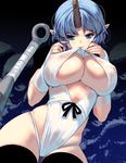  black_legwear blue_eyes blue_hair blush breasts club covered_nipples fingernails highres horn large_breasts long_fingernails looking_at_viewer masao mouth_hold oni original pointy_ears see-through short_hair solo spiked_club thighhighs weapon 