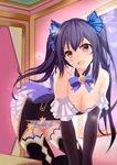  absurdres bare_shoulders black_hair breasts choker cleavage fang hair_ribbon highres leaning_forward long_hair looking_at_viewer medium_breasts neptune_(series) noire open_mouth red_eyes ribbon ribbon_choker solo thighhighs twintails wz_shuizha_q 