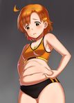  ahoge armpits asymmetrical_bangs bangs bare_arms bare_shoulders belly belly_grab breasts buruma collarbone cowboy_shot eyebrows_visible_through_hair fat_folds from_below gradient gradient_background grey_background hair_ornament hairclip idolmaster idolmaster_million_live! kkroe looking_down navel orange_hair plump short_hair small_breasts solo sportswear standing stomach tearing_up tears weight_conscious yabuki_kana yellow_eyes 