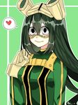  1girl artist_request asui_tsuyu black_eyes black_hair bodysuit boku_no_hero_academia breasts goggles green_background heart highres long_hair looking_at_viewer medium_breasts safety_glasses spoken_heart tied_hair very_long_hair 