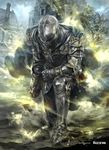  armor armored_boots boots building cape copyright_name force_of_will gloves helmet highres mad_(artist) male_focus official_art sky solo tree 