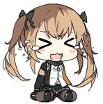 &gt;_&lt; :d blush_stickers chibi full_body girls_frontline jacket knee_pads laughing light_brown_hair long_hair lowres midriff open_mouth pelican_(s030) shirt simple_background sitting skirt smile solo tears twintails ump9_(girls_frontline) wariza white_background white_shirt xd 