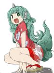  :d animal_ears bangs between_legs buttons collared_shirt eyebrows_visible_through_hair fang full_body geta green_eyes green_hair hand_between_legs highres horn kariyushi_shirt komano_aun long_hair looking_at_viewer open_mouth shirt short_sleeves shorts simple_background smile solo squatting tail touhou tyouseki white_background 