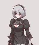  artist_name bangs black_blindfold black_dress black_hairband blindfold blush breasts cleavage cleavage_cutout closed_mouth covered_eyes disco_brando dress feather-trimmed_sleeves grey_background grey_hair hairband highres juliet_sleeves large_breasts long_sleeves nier_(series) nier_automata puffy_sleeves short_hair simple_background smile solo turtleneck turtleneck_dress twitter_username yorha_no._2_type_b 