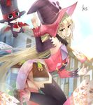  aeus book boots garter_straps green_eyes hat highres long_hair looking_at_viewer magilou_(tales) signature tales_of_(series) tales_of_berseria thighhighs witch 