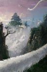  branch cloud cloudy_sky commentary dragon eastern_dragon fantasy foreshortening highres kai_sei mountain no_humans original outdoors pagoda perspective scenery sky tree 
