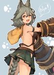  :d absurdres animal_ears bad_id bad_twitter_id blue_background breasts cat_ears claw_(weapon) cowboy_shot erune fang from_side granblue_fantasy grey_hair hair_between_eyes highres koretsuki_azuma looking_at_viewer medium_breasts open_mouth outline paw_print pleated_skirt red_eyes sen_(granblue_fantasy) skirt smile speech_bubble weapon 