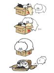  animal black_cat box cardboard_box cat cat_focus comic commentary cube highres kitten multiple_cats no_humans noja original squishing tabby_cat white_cat 