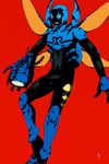  artist_name blue_beetle bodysuit boots cannon dc_comics gloves insect_wings kurako_(sian-kurai) male_focus mask open_mouth orange_eyes red_background simple_background solo teeth wings young_justice 