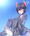  between_legs black_hair blue_sky day full_body grey_skin hand_between_legs highres horns hot jitome looking_to_the_side monster_girl multicolored multicolored_skin nude o3o original outdoors paws rantana_(lalalalackluster) short_hair sitting sky solo tail water_drop white_skin 