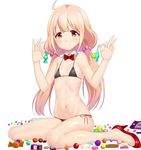  bangs bikini black_bikini blush candy closed_mouth commentary_request detached_collar eyebrows_visible_through_hair flat_chest food futaba_anzu hands_up high_heels highres holding holding_candy holding_food idolmaster idolmaster_cinderella_girls long_hair looking_at_viewer low_twintails navel red_footwear shoes side-tie_bikini simple_background sitting smile solo swimsuit taka_(takahirokun) tareme twintails wariza white_background 