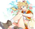  bad_id bad_pixiv_id bandages beach blonde_hair blue_eyes boots breasts brown_footwear chrono_cross floral_background flower full_body gloves grin groin hibiscus high_ponytail jacket jewelry kid_(chrono_cross) knee_up long_hair looking_at_viewer medium_breasts midriff miniskirt multi-tied_hair necklace ponytail sitting skirt smile solo tank_top uchida_shiki vest 