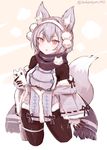  :o animal_ears black_legwear blush cellphone earmuffs fox_ears fox_tail fringe_trim hand_up highres holding holding_phone looking_at_viewer original pantyhose parted_lips phone purple_eyes purple_hair purple_scarf scarf short_hair smartphone solo sukemyon tail tsurime twitter_username 