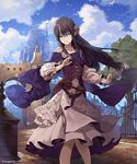  black_hair black_ribbon blue_eyes cloud cloudy_sky collarbone day dress ezusuke floating_hair flower grey_flower hair_flower hair_ornament highres long_hair looking_at_viewer outdoors ribbon shingeki_no_bahamut sky smile solo standing tree very_long_hair 