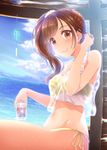  absurdres bikini blush breasts brown_eyes brown_hair commentary_request highres idolmaster idolmaster_cinderella_girls igarashi_kyouko long_hair looking_at_viewer medium_breasts naharyou side_ponytail smile solo swimsuit swimsuit_under_clothes wet wet_clothes wind_chime 