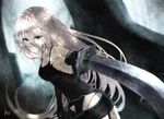  aeus blue_eyes forest highres long_hair looking_at_viewer nature nier_(series) nier_automata revision shadow signature sword weapon white_hair yorha_type_a_no._2 