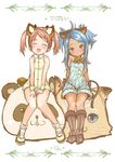  animal_ears blue_eyes blue_hair blush boots cat cat_ears cat_tail closed_eyes dark_skin dog_ears dog_tail dress elin_(tera) gloves green_dress knee_boots knees_together_feet_apart leaning_back long_hair looking_at_viewer mary_janes mojarin_(kihara_mojarin) multiple_girls open_mouth overalls panda panda_ears pink_hair shoes short_dress shorts sitting sleeveless sleeveless_dress smile socks tail tera_online twintails wristband 