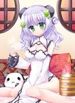  :3 animal_ears bamboo_steamer bangs baozi bed blush_stickers breasts china_dress chinese_clothes cleavage clover_hair_ornament commentary_request covered_navel detached_sleeves double_bun dress eyebrows_visible_through_hair food four-leaf_clover_hair_ornament frilled_sleeves frills green_eyes hair_ornament head_tilt holding holding_food indoors long_hair long_sleeves looking_at_viewer medium_breasts on_bed original panda_ears pelvic_curtain pillow purple_hair round_window shikito side_bun sitting sleeveless sleeveless_dress solo sparkle steam stuffed_animal stuffed_panda stuffed_toy tareme wariza white_dress white_sleeves wide_sleeves window 