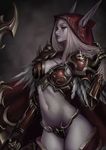 armor between_breasts bikini_armor boots bow_(weapon) breasts elbow_gloves elf gloves highres holding holding_weapon hood jungon_kim long_hair looking_away makeup md5_mismatch navel pale_skin parted_lips pointy_ears profile red_eyes skull small_breasts solo sylvanas_windrunner thigh_boots thighhighs thong warcraft weapon white_hair world_of_warcraft 