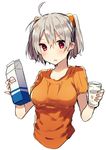  :o ahoge angel_chromosome_xx bad_id bad_pixiv_id bangs blush cropped_torso cup drinking_glass eyebrows_visible_through_hair grey_hair hair_between_eyes holding holding_cup ikeuchi_tanuma looking_at_viewer milk_carton neon_genesis_evangelion open_mouth orange_shirt parted_lips red_eyes shirt simple_background solo tabris tabris-xx twintails upper_body white_background 