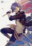  akashi_kuniyuki boots character_name glasses gloves green_eyes hair_ornament hairclip half_gloves highres holding holding_sword holding_weapon isaroishin jacket katana knee_boots looking_at_viewer male_focus open_clothes open_jacket purple_hair shirt smile solo sword touken_ranbu untucked_shirt weapon 